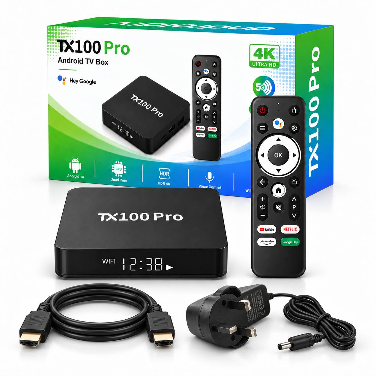 Set lengkap TX100 Pro dengan kabel HDMI dan adapter
